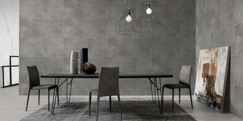 3D Render of Modern Minimalist Dining Room Interior with Gray Tile Walls, Contemporary Furniture, and Artistic Decor
