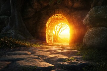 Mystical Passage: A luminous, arched tunnel beckons with a promise of light, leading from shadowed stone into a radiant, hopeful vista.