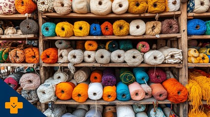 Colorful yarn stacks, market shelves