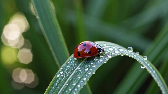 Close-up video angle of a ladybug on a dewy leaf, showcasing nature's detail with a vibrant, macro photography style.
