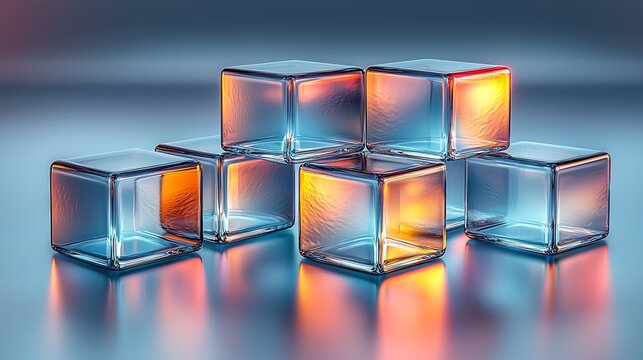 Glass cubes stacked, illuminated, reflective surface, abstract background, tech concept