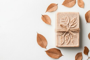 A minimalist depiction of a soap bar wrapped in kraft paper and tied with a string bow, set against a plain white backdrop