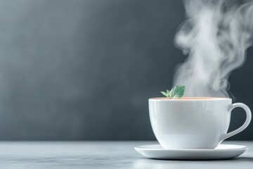 A minimalist representation of a steaming teacup with a sprig of mint, set against a plain white background