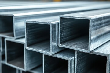 Piled shaped metal pipes against a white background Rectangular metal profiles in warehouse bundles Close up of square profile pipes