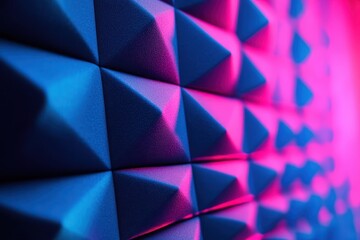 Obraz premium Pink and blue lit acoustic foam Soundproof wall backdrop for studio Recording texture banner
