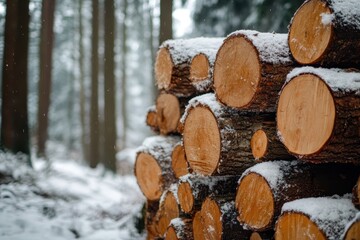 Piled tree logs by a snowy forest related to timber industry and deforestation