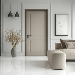 A 3D render of a modern interior featuring sleek, minimalist doors with clean lines and neutral colors, perfectly complementing the contemporary decor on white