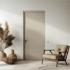 A 3D render of a modern interior featuring sleek, minimalist doors with clean lines and neutral colors, perfectly complementing the contemporary decor on white