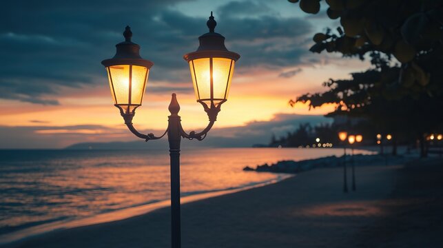 Public classic lights lamp at beach side with landscape view of sunset sky at behinds