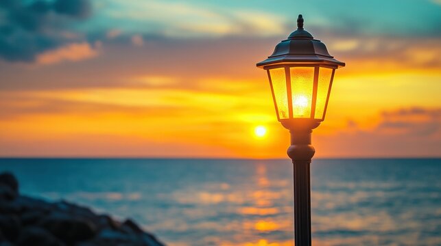 Public classic lights lamp at beach side with landscape view of sunset sky at behinds