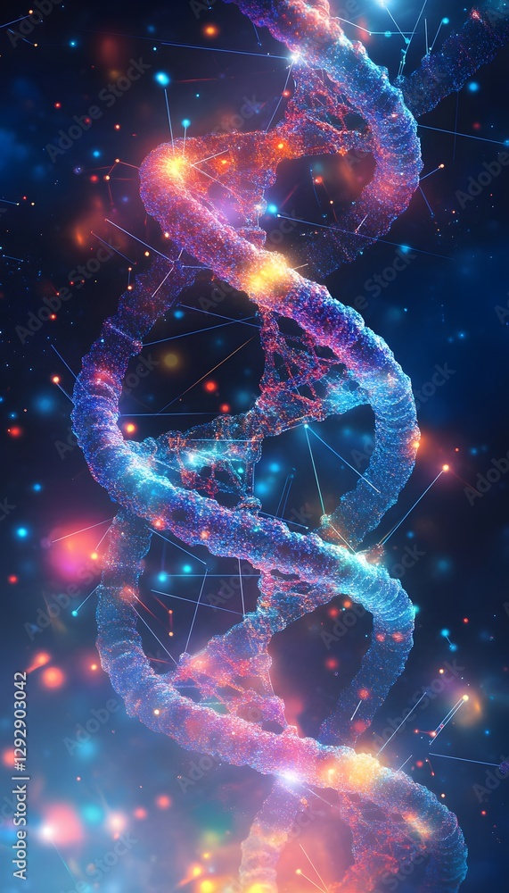 Poster glowing dna structure with connected dots against a dark backdrop