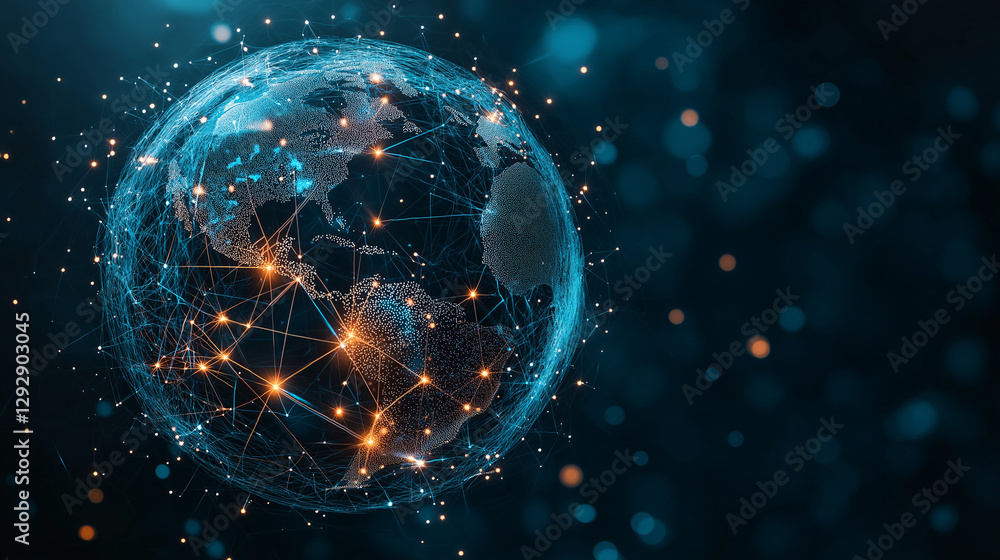 Aufkleber global connectivity: the image depicts a glowing digital web overlaying a globe, illustrating worldw