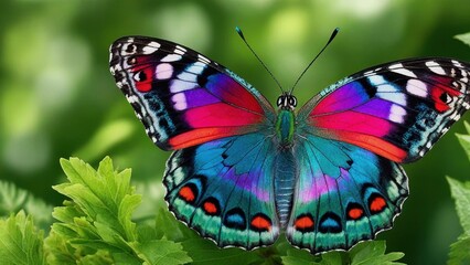Obraz premium Colorful butterfly displaying vibrant patterns amidst lush greenery in nature's serenity