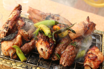 Grilled Arabic-style chicken and beef served hot in a Cairo restaurant, Egypt