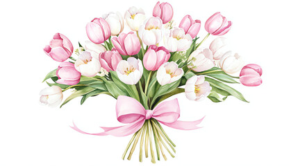 A watercolor illustration of a bouquet of tulips with pink and white petals. The flowers are clustered together, showcasing lush green leaves for added contrast.