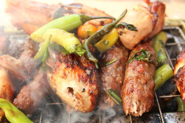 Grilled Arabic-style chicken and beef served hot in a Cairo restaurant, Egypt