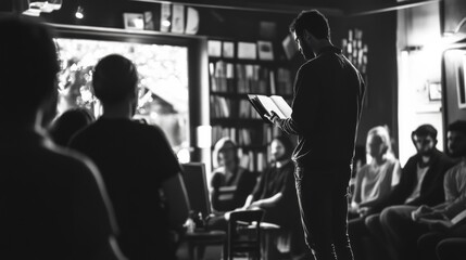 Captivating Poetry Reading: Poet Engaging Audience at Literary Event