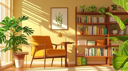 Cozy Bright Living Room with Plants and Bookshelf in Sunlight