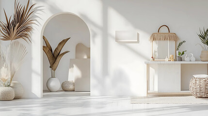 A minimalist interior features a neutral-toned archway with decorative dried plants in a round vase. Natural textures like wicker baskets and woven cushions add warmth.
