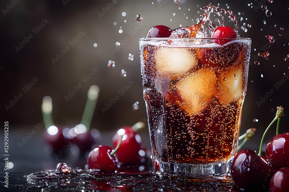 Poster refreshing cherry cola beverage with ice and splash on a dark background