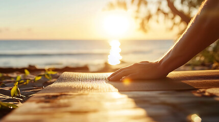 A hand rests on a yoga mat at a beach during sunset. The sun is low, casting a golden glow over the calm sea and sand. Green leaves are scattered nearby, and the scene exudes tranquility.