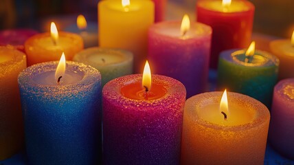 Colorful candles with different shades of wax