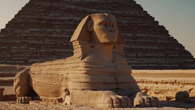 Low-angle video shot of the Sphinx and a pyramid in the background, capturing the grandeur and mystery of ancient Egyptian architecture.