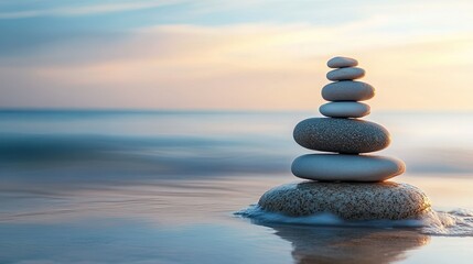A spiritual scene with stacked stones on a tranquil beach, symbolizing inner peace.