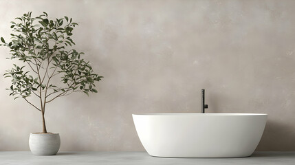 Modern bathroom interior design; freestanding tub, plant, neutral wall
