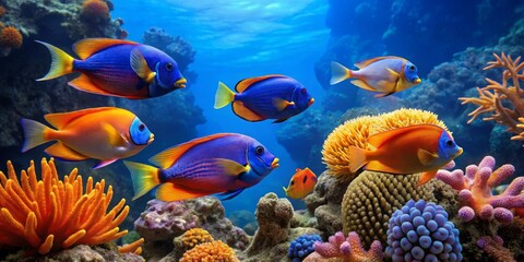 Naklejka premium Vibrant Reef Fish Swimming Amidst Coral and Anemones in a Pristine Underwater Scene