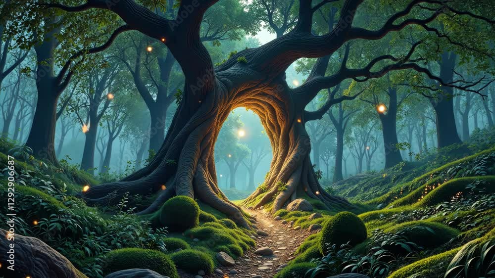 Poster A tree with a hole in it. The hole is lit up with fireflies. The tree is surrounded by grass and rocks