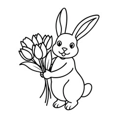 bunny holding a bouquet of tulips drawing vector illustration.