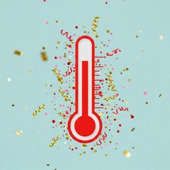 conceptual image of a fundraising thermometer with bold red colors reaching the top, surrounded by confetti on a plain background.