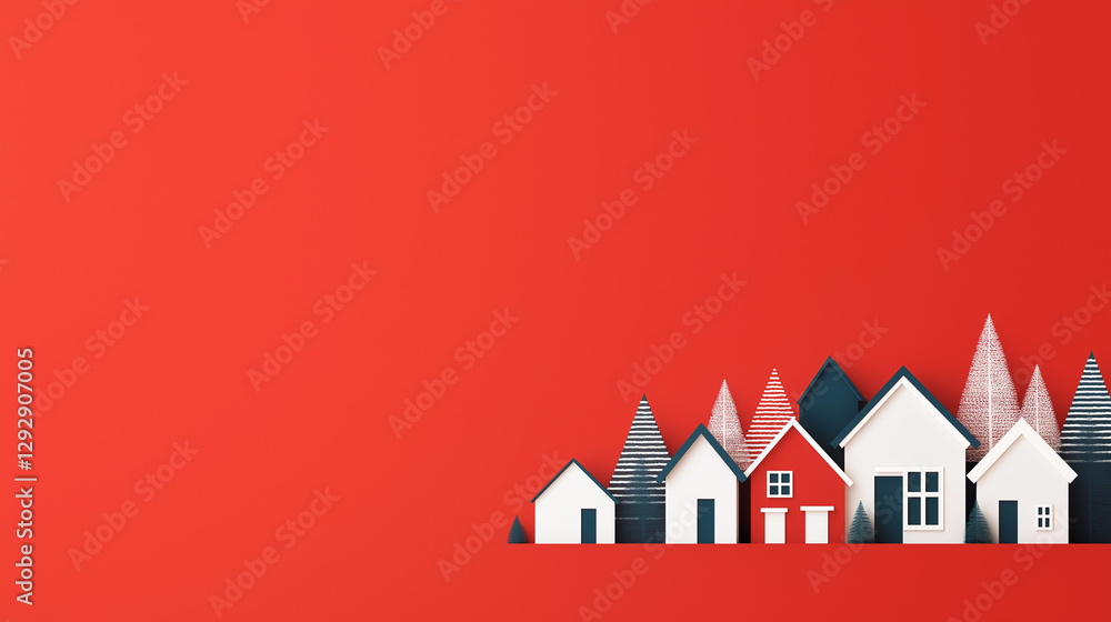 Poster miniature homes on red background: a collection of charming miniature houses and trees stand in a ro