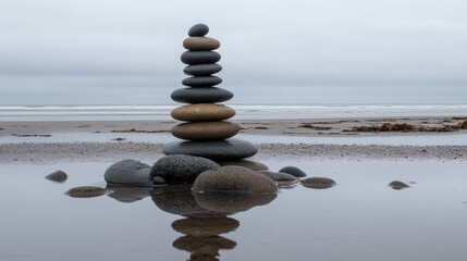 A tower of pebbles reflecting in a tide pool, serene seascape in soft lighting.
