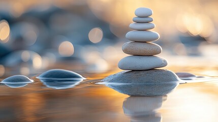Obraz premium A tower of pebbles reflecting in a tide pool, serene seascape in soft lighting.