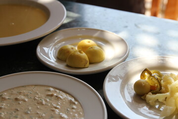 Appetizer, Tahini soup, lemon and dipping sauce in a Luxor restaurant, Egypt