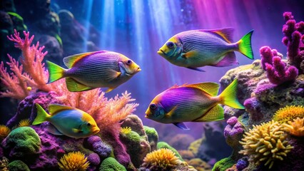 Obraz premium Vibrant aquatic life thrives in a colorful underwater paradise, showcasing a diverse array of fish and coral formations bathed in iridescent light.