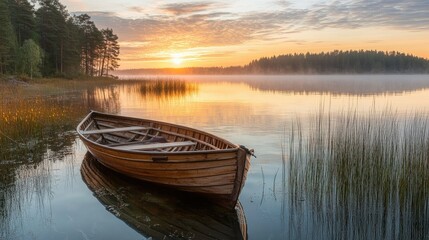 Fototapeta premium A wooden boat on a lake at sunrise, a lone fisherman enjoying the solitude of the morning mist.