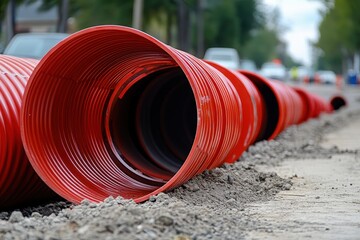 Fototapeta premium Red corrugated pipes for water communication or sewer installation at urban construction sites