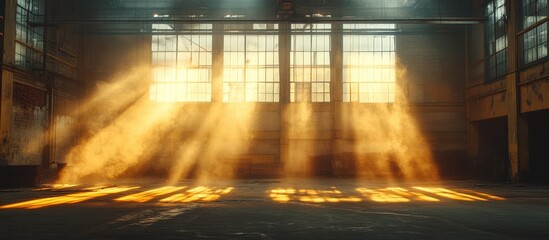 Sunlight Streaming Through Industrial Warehouse Windows Creating Dramatic Light and Shadow Patterns