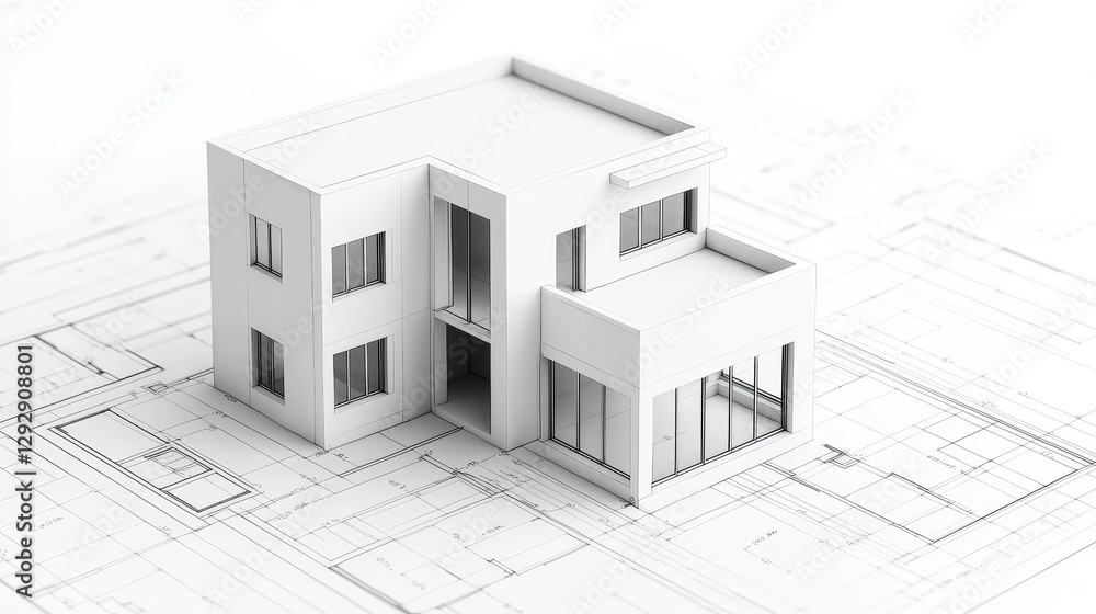 Poster modern architectural model on blueprints showcasing contemporary design elements and clean lines for