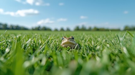 Frog peeking from green grass in sunny park