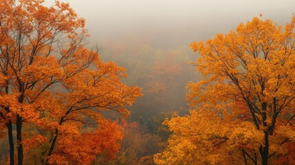 Golden maple trees disappear into a sea of mist, autumn at its peak.