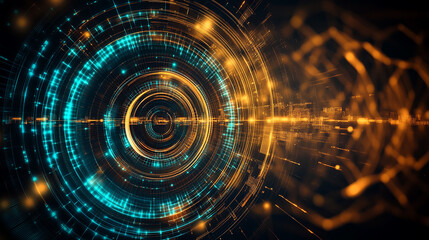 Obraz premium Futuristic Digital Data Tunnel with Glowing Blue and Orange Cyber Elements