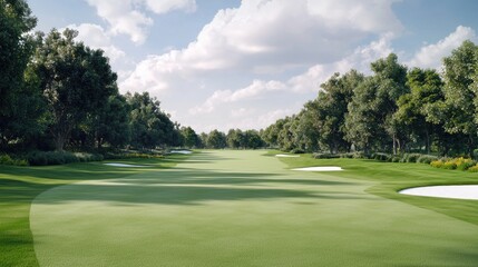 Fototapeta premium Scenic golf course fairway, tree-lined, sunny day, leisure activity