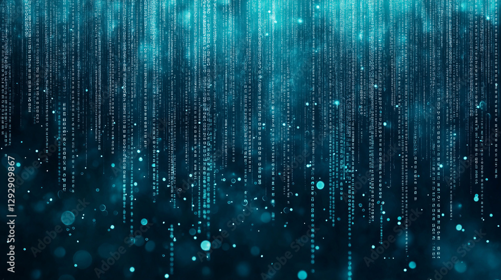 Poster digital rain abstract: captivating digital rain cascade, a mesmerizing dance of binary code in teal,