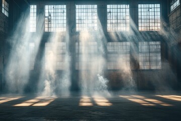 Naklejka premium Sunlight Streaming Through Large Industrial Windows in an Abandoned Warehouse with Dust Particles in the Air