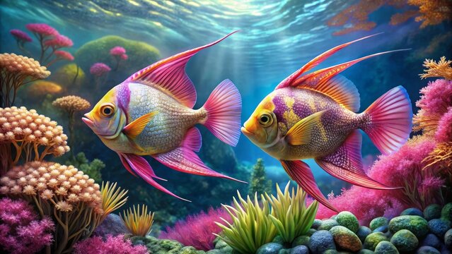 Two Vibrant Angelfish Gracefully Swim Amidst Lush Underwater Flora and Smooth Stones in a Serene Aquatic Scene