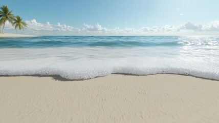 Fototapeta premium Pristine beach with gentle waves and palm trees under a clear blue sky, perfect tropical paradise scene.
